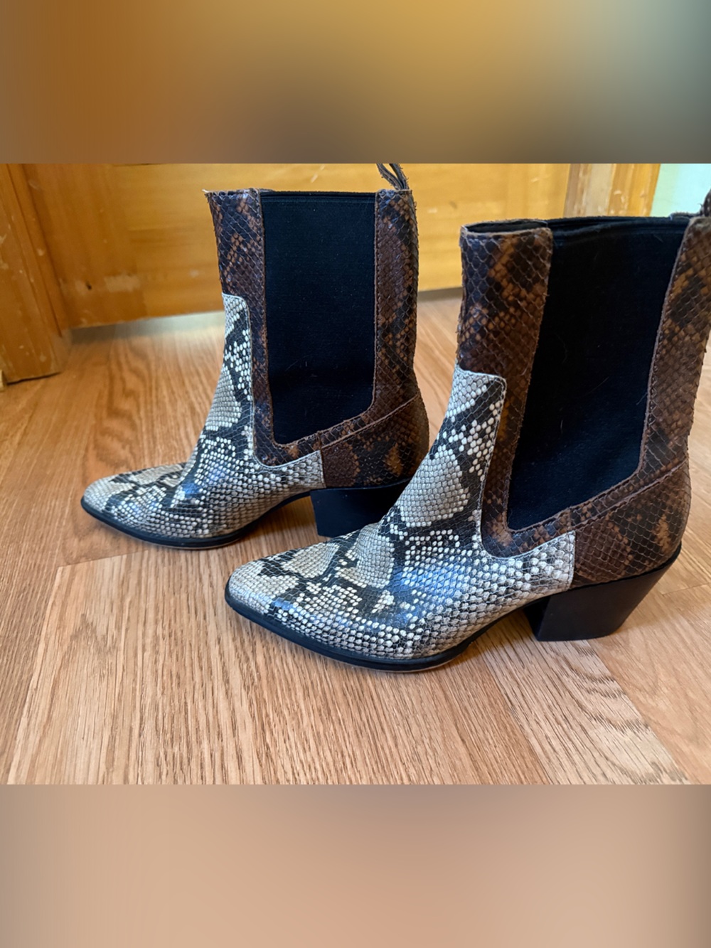 Dolce Vita Snake-Print Chelsea Booties in Brown and Cream